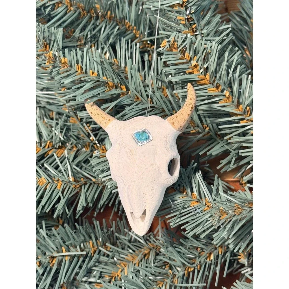 Vintage Santa Fe Steer Skull Ornament White Turquoise Southwestern Rustic